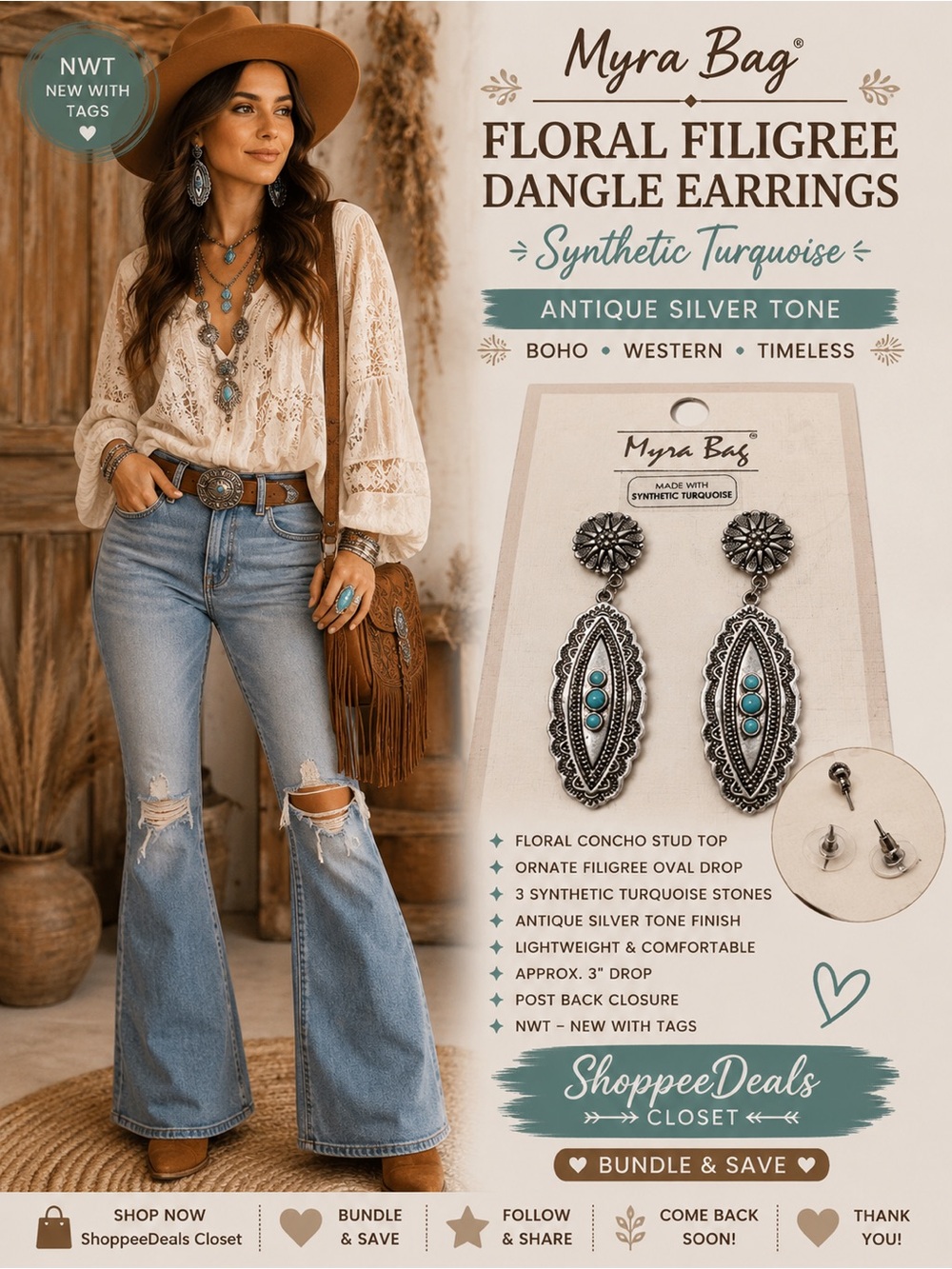 Myra Bag Synthetic Turquoise Floral Filigree Dangle Earrings –  Silver Tone